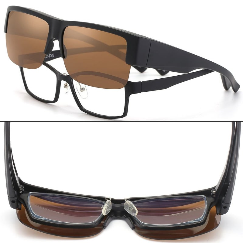 CAXMAN Wear Over Glasses Sunglasses Polarized Lens for Prescription Glasses, Medium Sized Half Frame, Matte Black Frame Brown Lens - Image 4